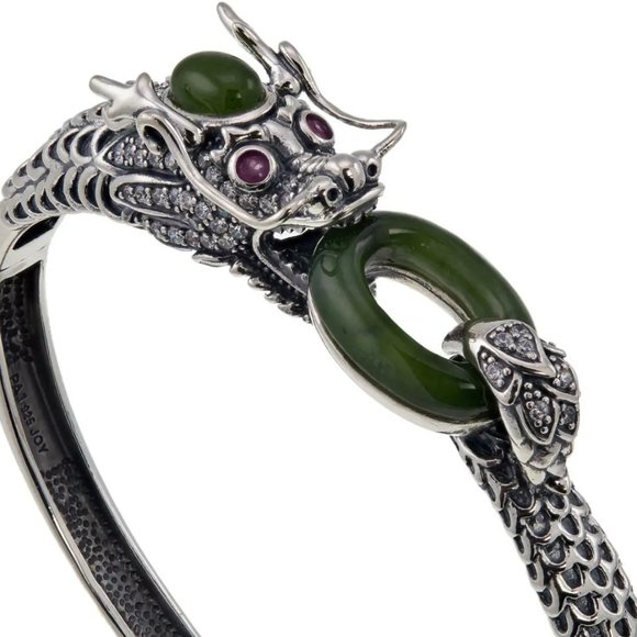Jade of Yesteryear Nephrite Jade, Ruby and CZ Sterling Silver Dragon Bracelet - Picture 1 of 3